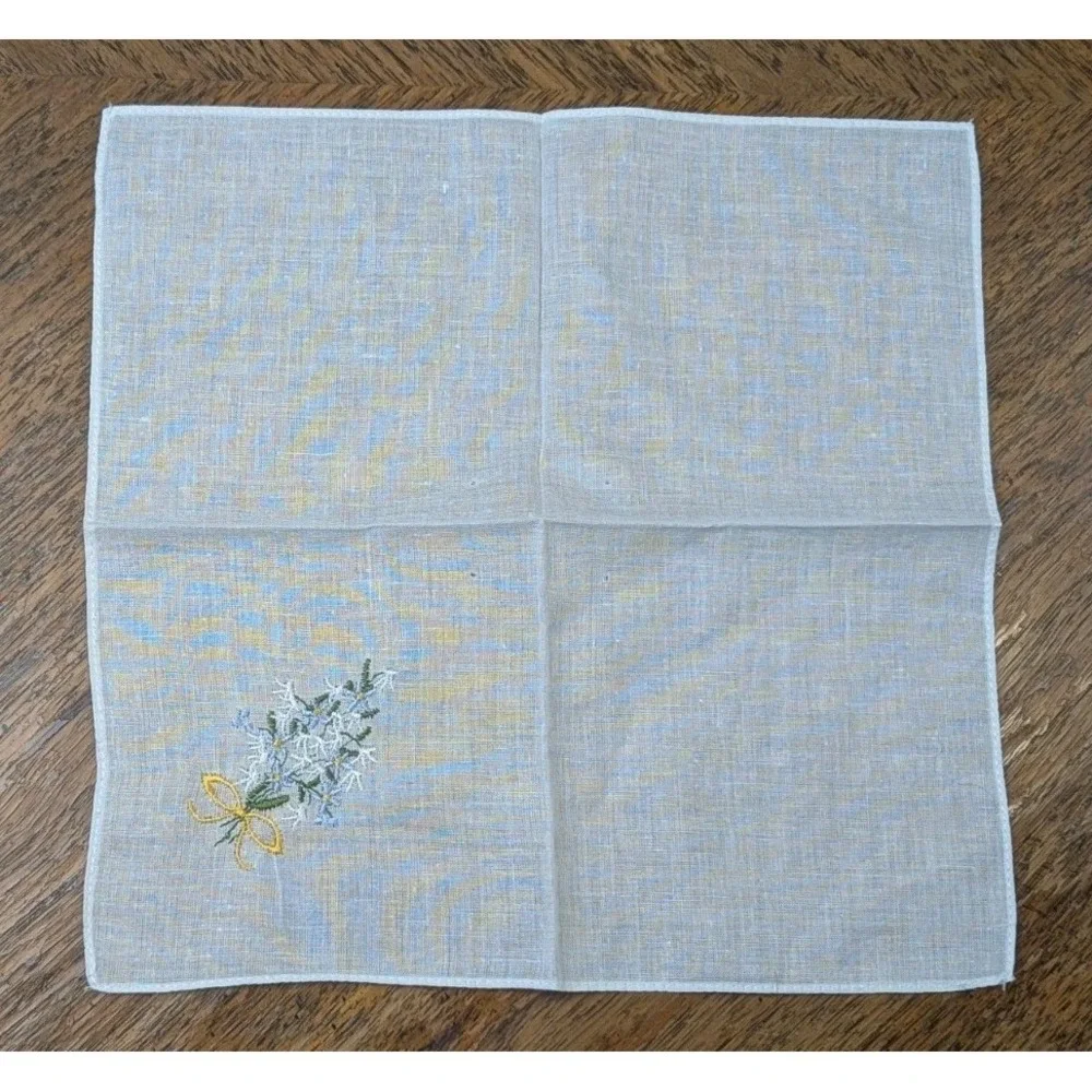 Hand Embroidered White Cotton Handkerchief Blue Flowers - Set Of 4 -